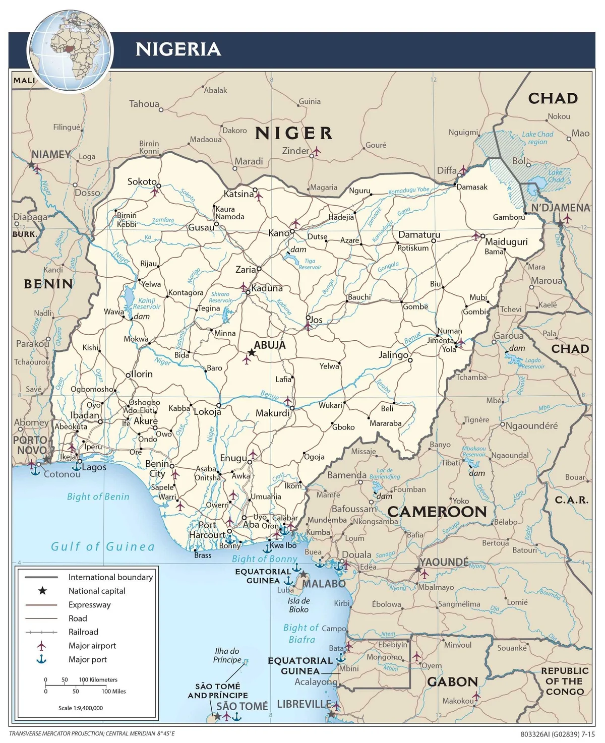 Mapa de transporte de Nigeria con carreteras principales, ferrocarriles, aeropuertos, puertos, Lagos, Abuja, Kano, Kaduna, Port Harcourt y Maiduguri