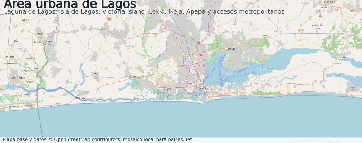 Mapa urbano de Lagos con la laguna de Lagos, Lagos Island, Victoria Island, Lekki, Ikeja, Apapa, Badagry y corredores metropolitanos