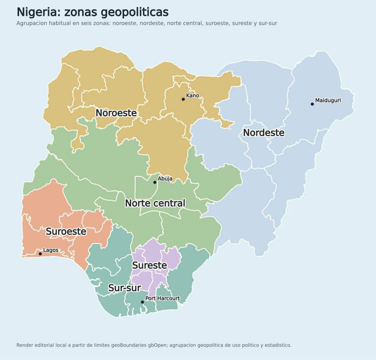 Mapa de Nigeria dividido en seis zonas geopolíticas: Noroeste, Nordeste, Norte central, Suroeste, Sureste y Sur-sur