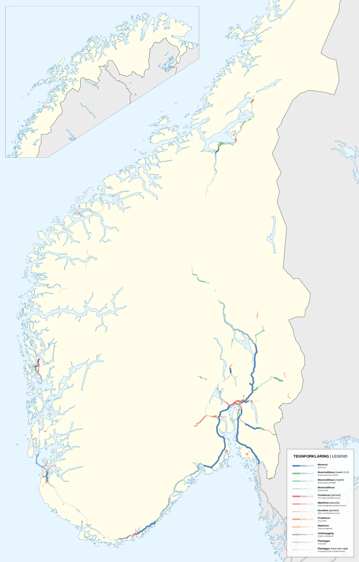 Mapa de Noruega con autopistas, autovías, carreteras de calzadas separadas, tramos en construcción y planificados