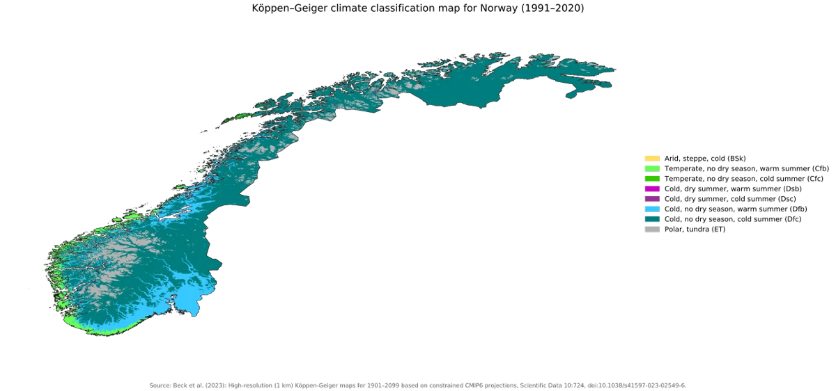 Mapa Köppen-Geiger de Noruega 1991-2020 con climas oceánicos, continentales, subárticos, de tundra y de montaña