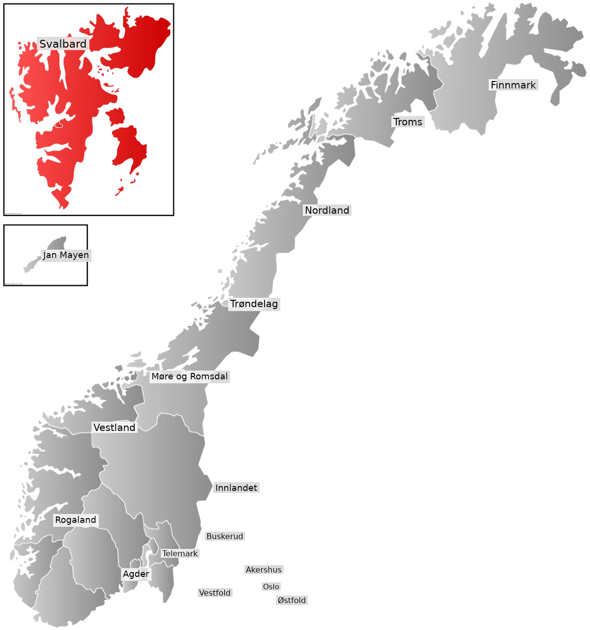 Mapa de Noruega con condados de 2024 rotulados, Svalbard destacado y Jan Mayen indicado