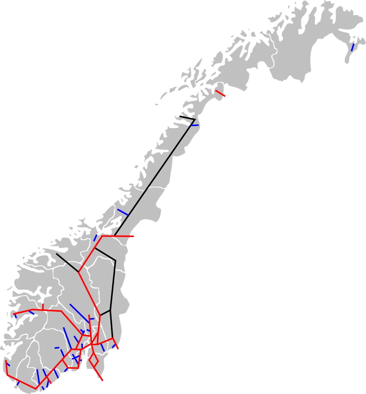 Mapa ferroviario de Noruega 2025 con líneas electrificadas, no electrificadas y tramos cerrados o turísticos