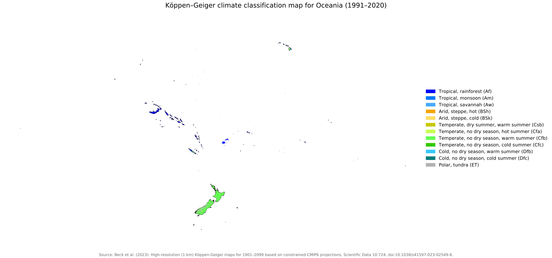 Mapa de Oceanía con clasificación climática Köppen-Geiger 1991-2020