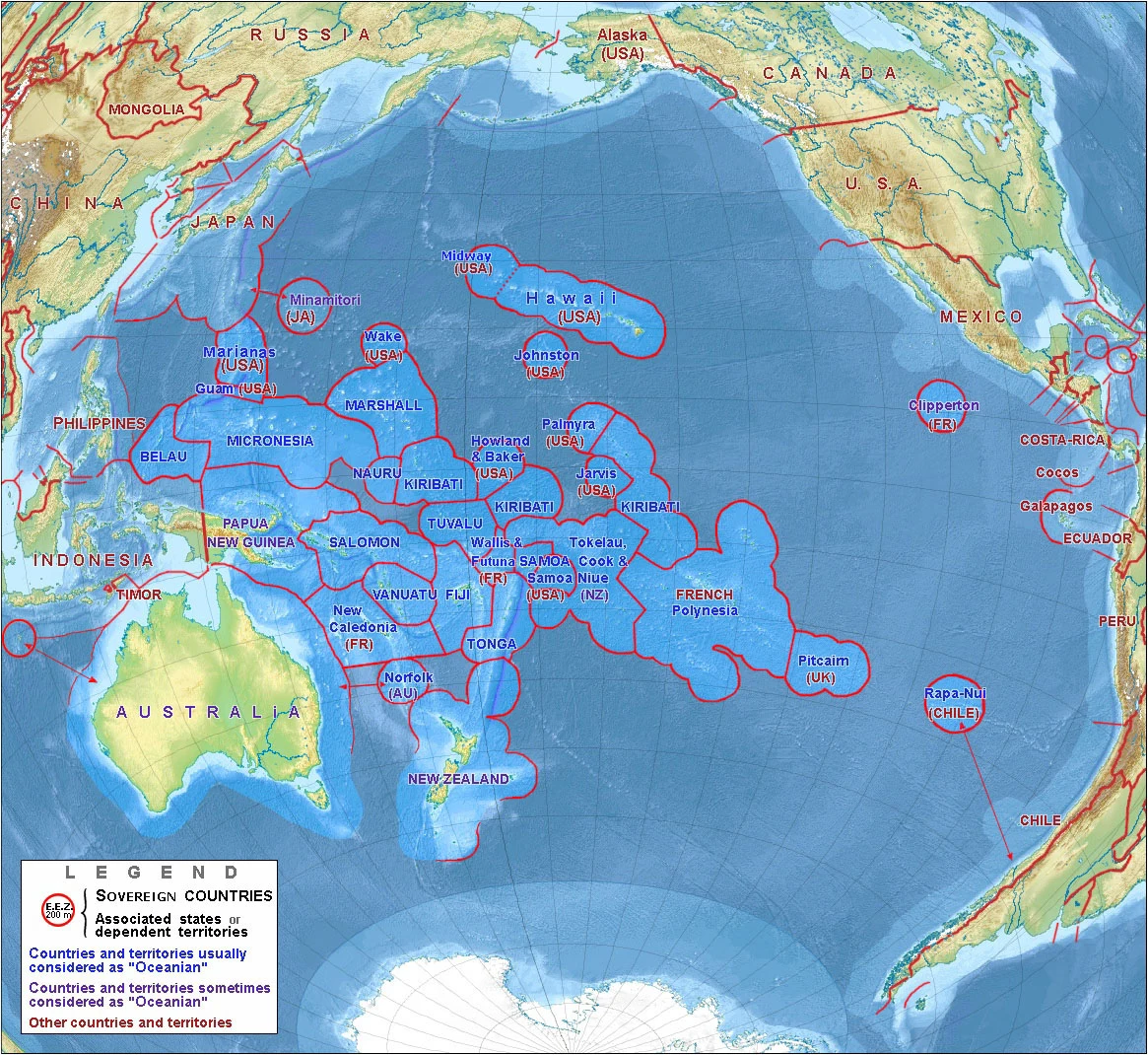 Mapa del Pacífico con países de Oceanía, relieve y zonas económicas exclusivas