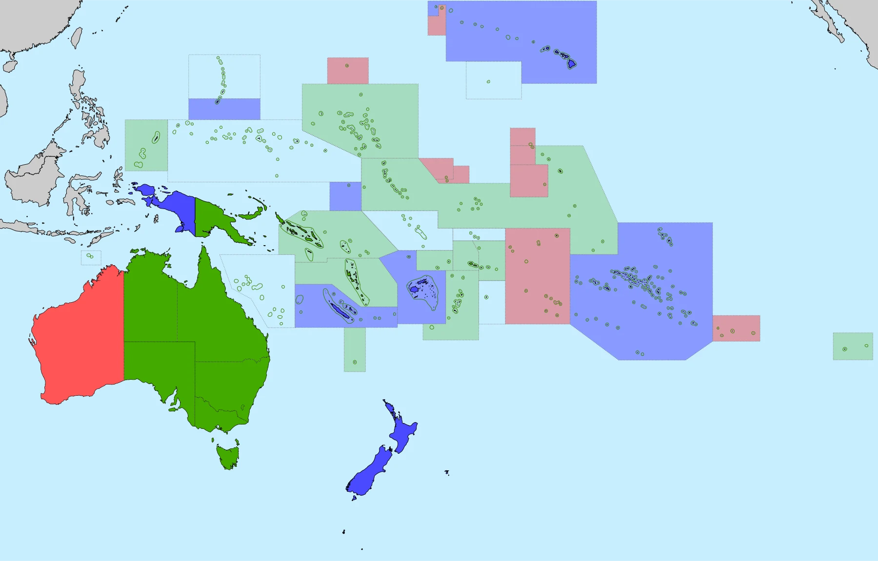 Mapa político de Oceanía con estados soberanos, territorios dependientes y grandes islas