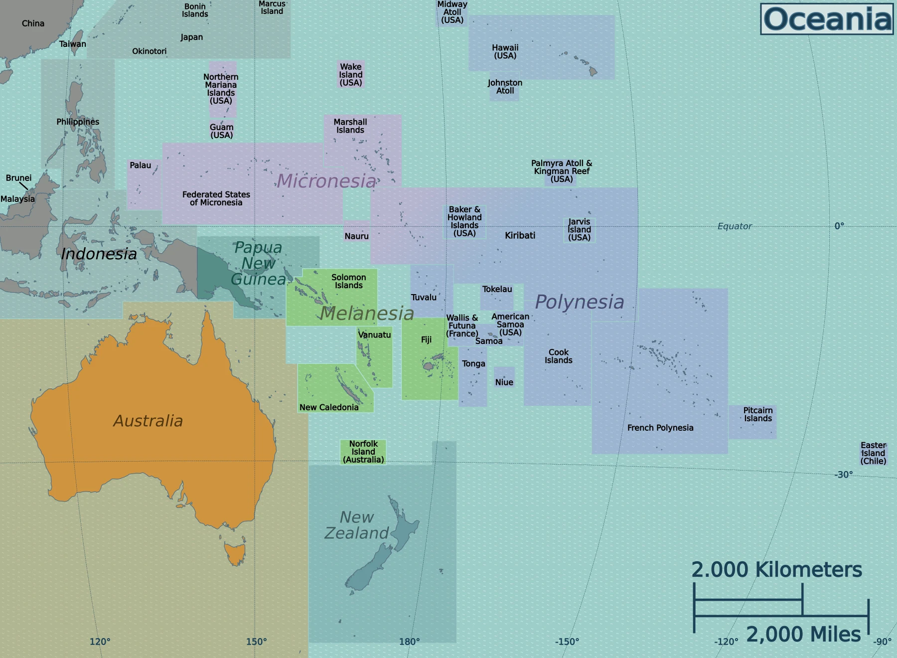 Mapa de Oceanía con Melanesia, Micronesia, Polinesia, Australasia y archipiélagos
