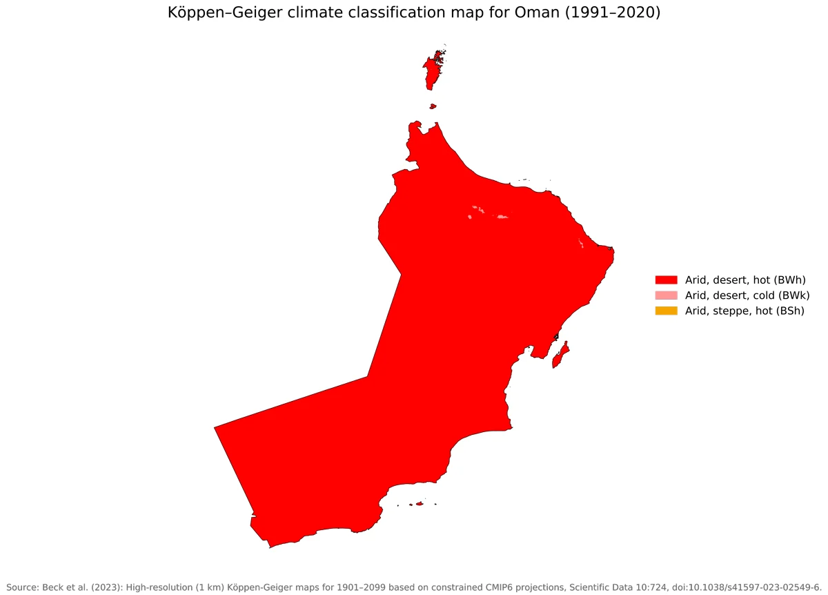 Mapa climático Köppen-Geiger de Omán 1991-2020 con predominio del clima árido desértico cálido BWh y pequeñas zonas áridas frías o semiáridas