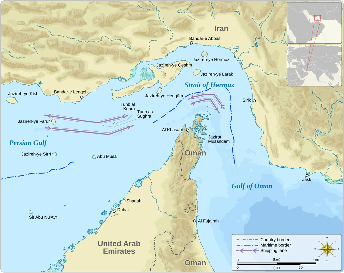 Mapa del estrecho de Ormuz con Musandam, Khasab, Irán, Emiratos Árabes Unidos, golfo Pérsico, golfo de Omán, límites marítimos y rutas de navegación