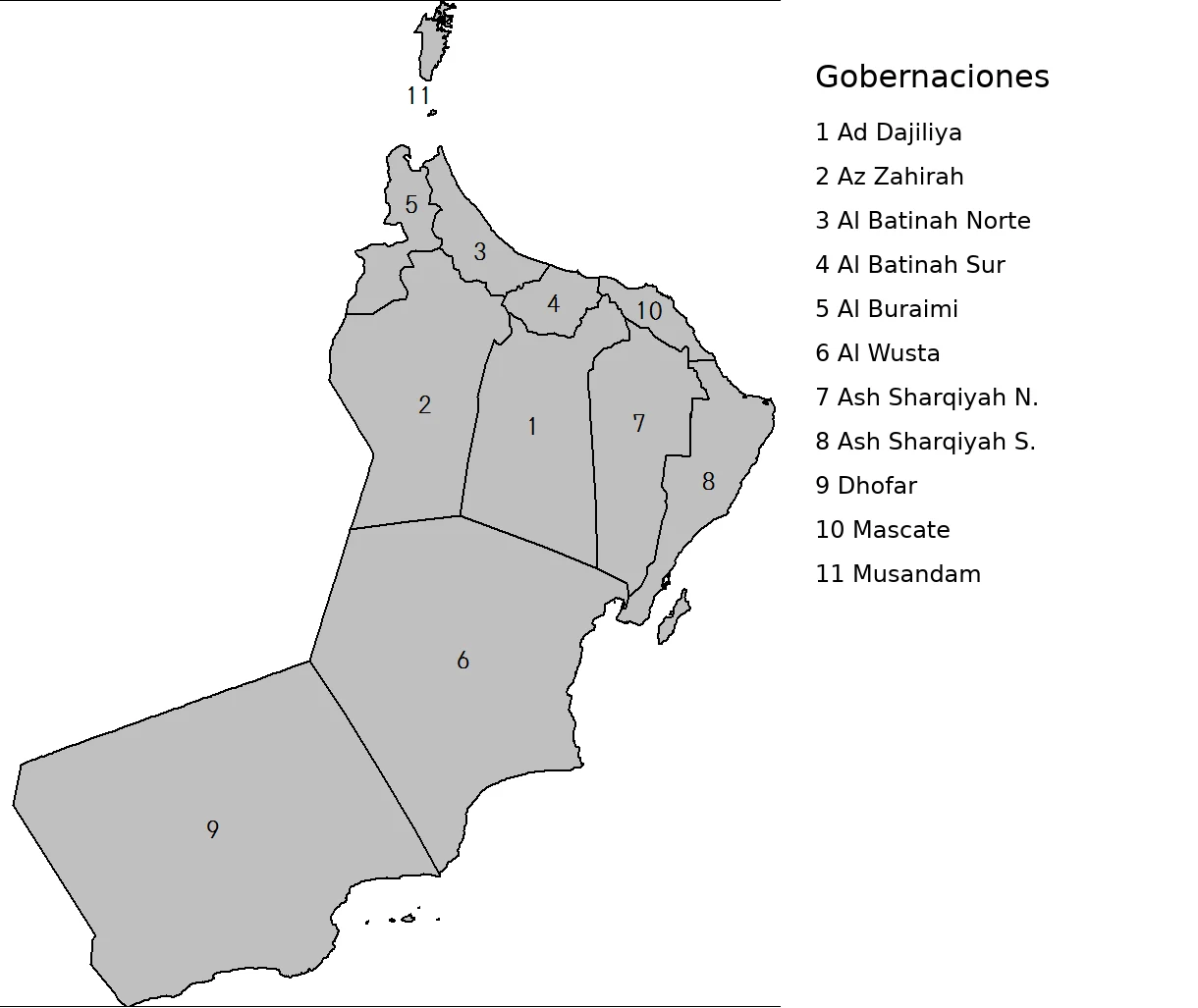 Mapa de Omán por gobernaciones con leyenda en español para Ad Dajiliya, Az Zahirah, Al Batinah Norte, Al Batinah Sur, Al Buraimi, Al Wusta, Ash Sharqiyah Norte, Ash Sharqiyah Sur, Dhofar, Mascate y Musandam