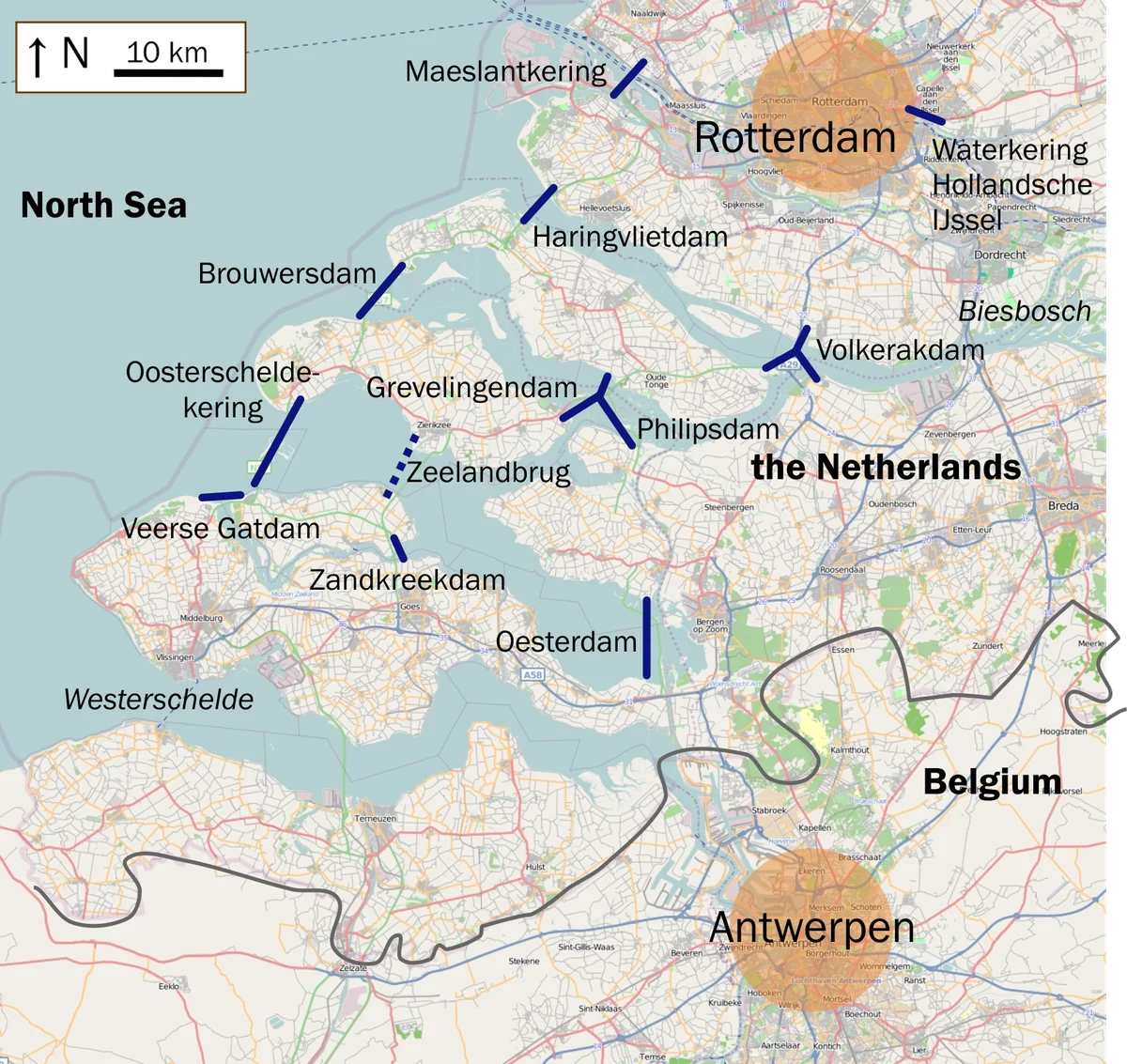 Mapa del Plan Delta en el suroeste de Países Bajos con Oosterscheldekering, Maeslantkering, Haringvlietdam, Brouwersdam, Grevelingendam y Rotterdam
