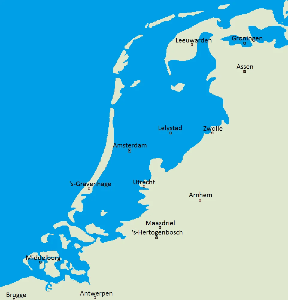 Mapa de Países Bajos comparado con el nivel del mar, con áreas bajas en azul y ciudades como Ámsterdam, Utrecht, Rotterdam y Groninga