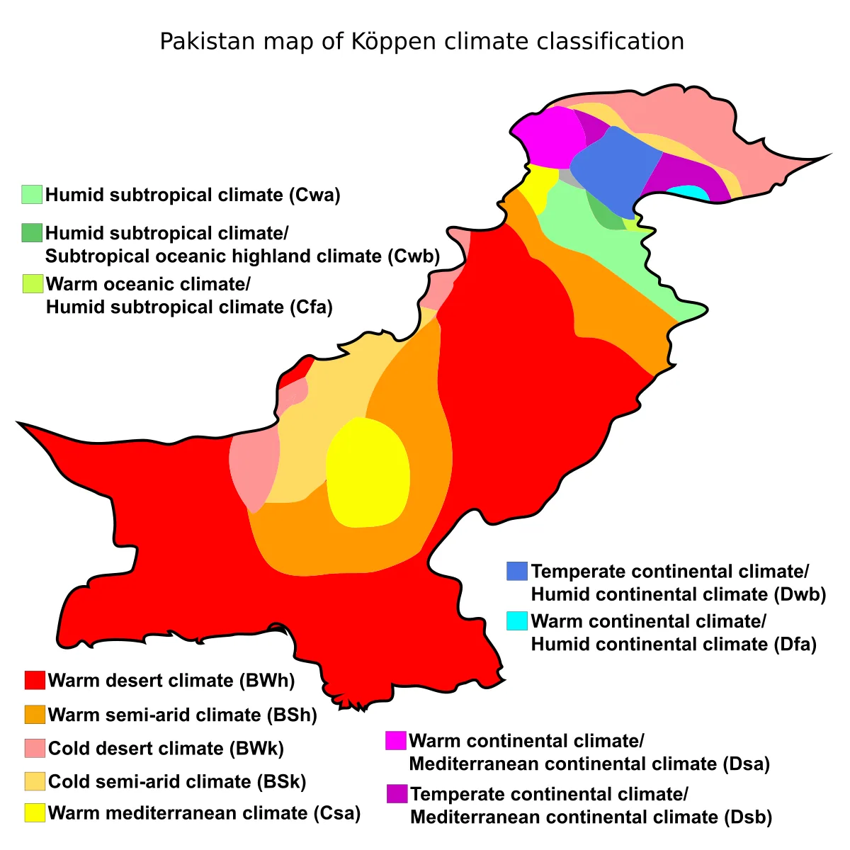 Mapa de Pakistán con clasificación climática de Köppen: desértico cálido, semiárido, desértico frío, subtropical húmedo y climas de montaña