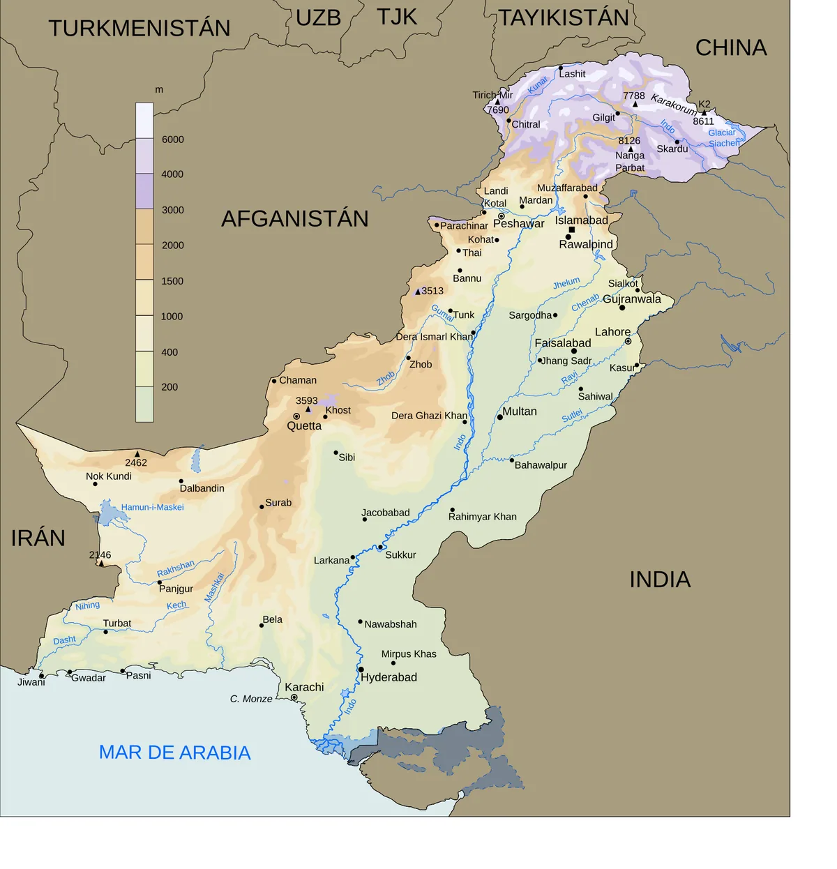 Mapa geográfico de Pakistán en español con relieve, ríos, ciudades, países vecinos, mar de Arabia, Karakórum y delta del Indo