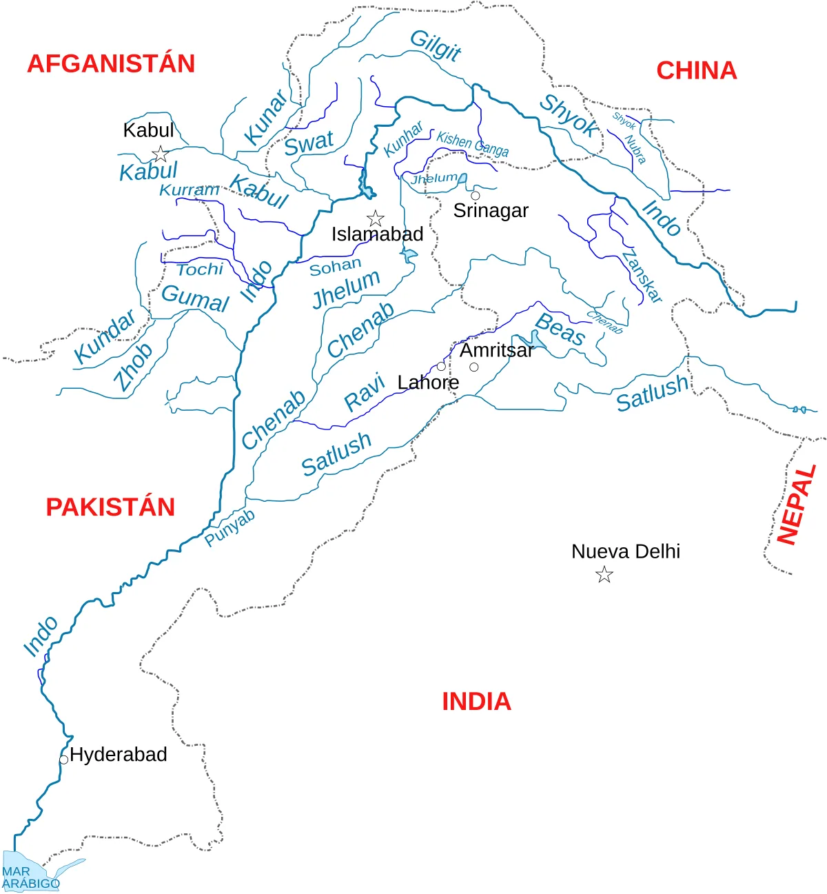 Mapa en español del río Indo y afluentes como Kabul, Jhelum, Chenab, Ravi, Sutlej, Beas, Shyok y Gilgit