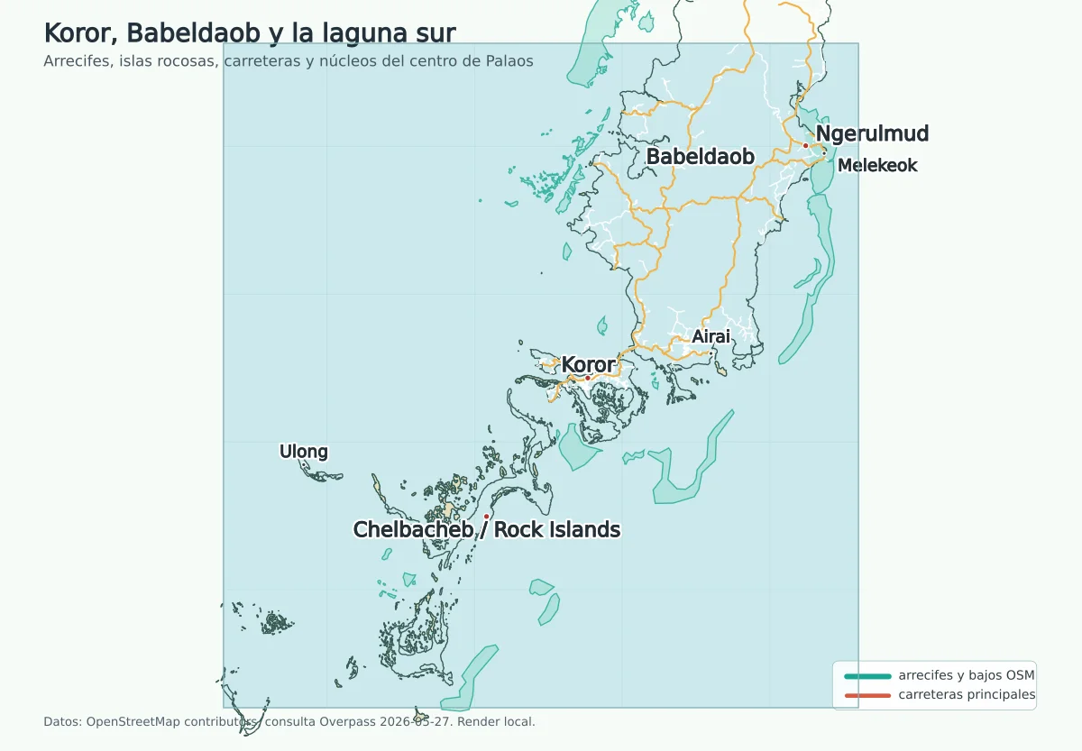 Mapa local de Koror, Babeldaob y la laguna sur de Palaos con arrecifes, islas rocosas Chelbacheb, Ulong, carreteras, Koror, Airai, Ngerulmud y Melekeok