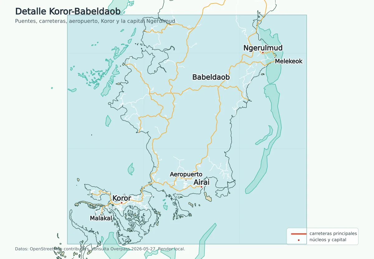 Mapa de detalle de Koror, Malakal, Airai, el aeropuerto, Babeldaob, Melekeok y Ngerulmud con carreteras y puentes