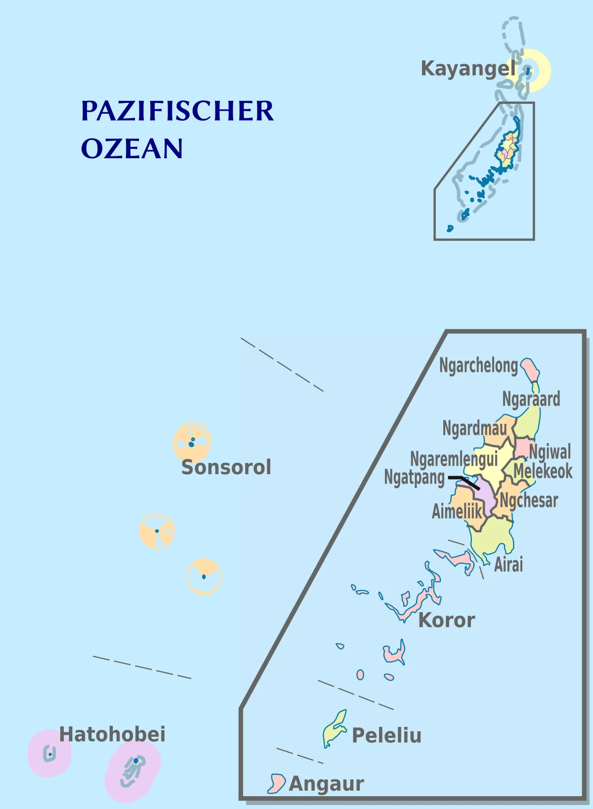 Mapa administrativo de Palaos con estados como Kayangel, Ngarchelong, Ngaraard, Ngardmau, Ngeremlengui, Ngatpang, Aimeliik, Airai, Koror, Peleliu, Angaur, Sonsorol y Hatohobei