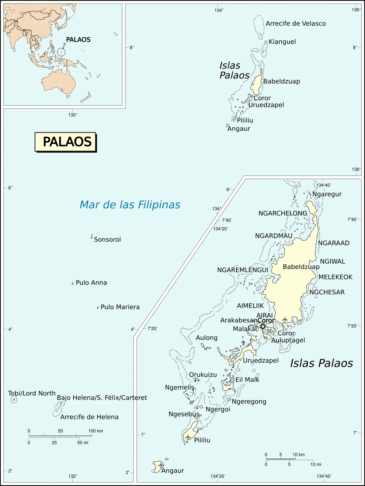 Mapa de las islas Palaos en español con Babeldaob, Koror, Peleliu, Angaur, Sonsorol, Pulo Anna, Tobi, arrecife de Helena y recuadro del archipiélago principal