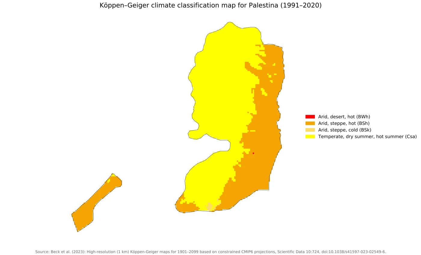 Mapa de Palestina con clasificación climática Köppen-Geiger 1991-2020 para Cisjordania y Gaza