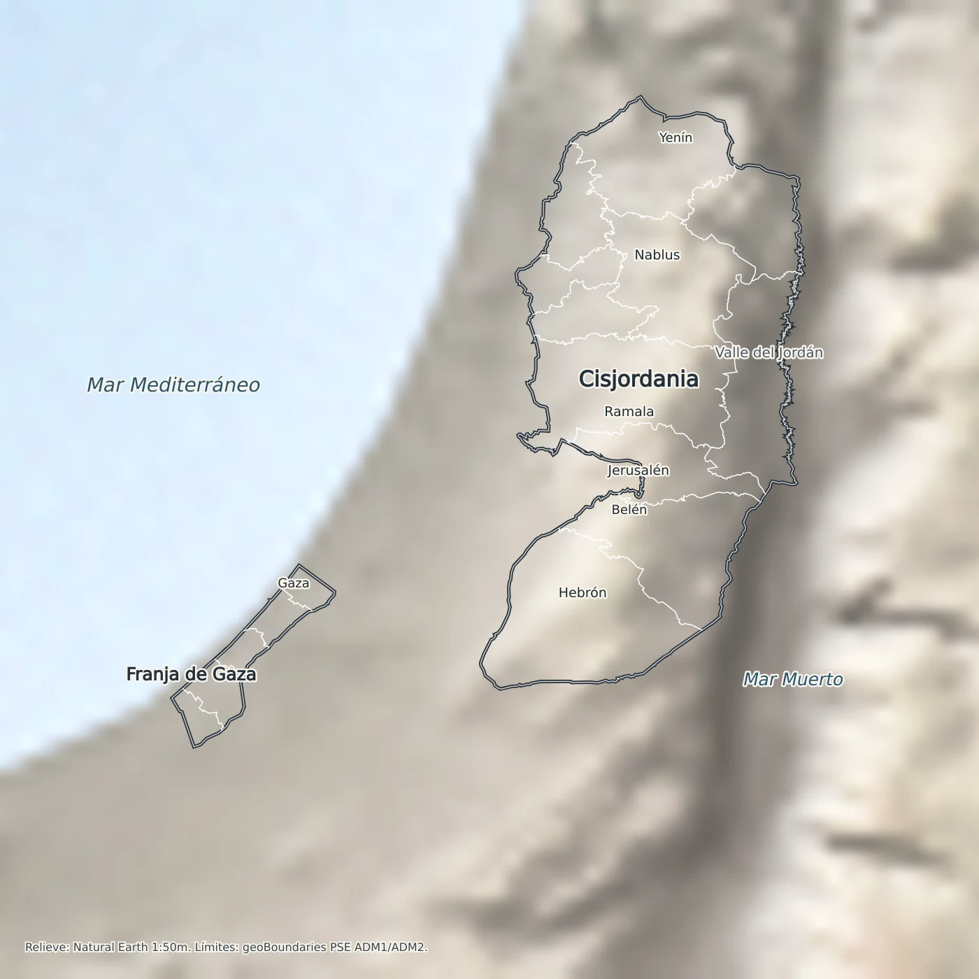 Mapa físico de Palestina con relieve, Cisjordania, Franja de Gaza, mar Mediterráneo, valle del Jordán y mar Muerto