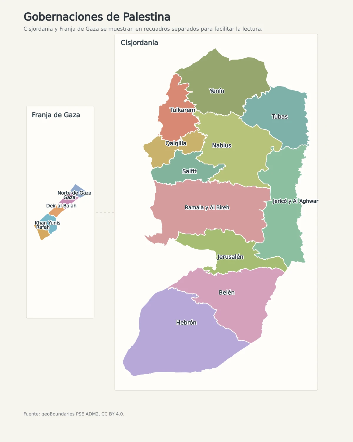 Mapa de Palestina con las gobernaciones de Cisjordania y la Franja de Gaza en recuadros separados
