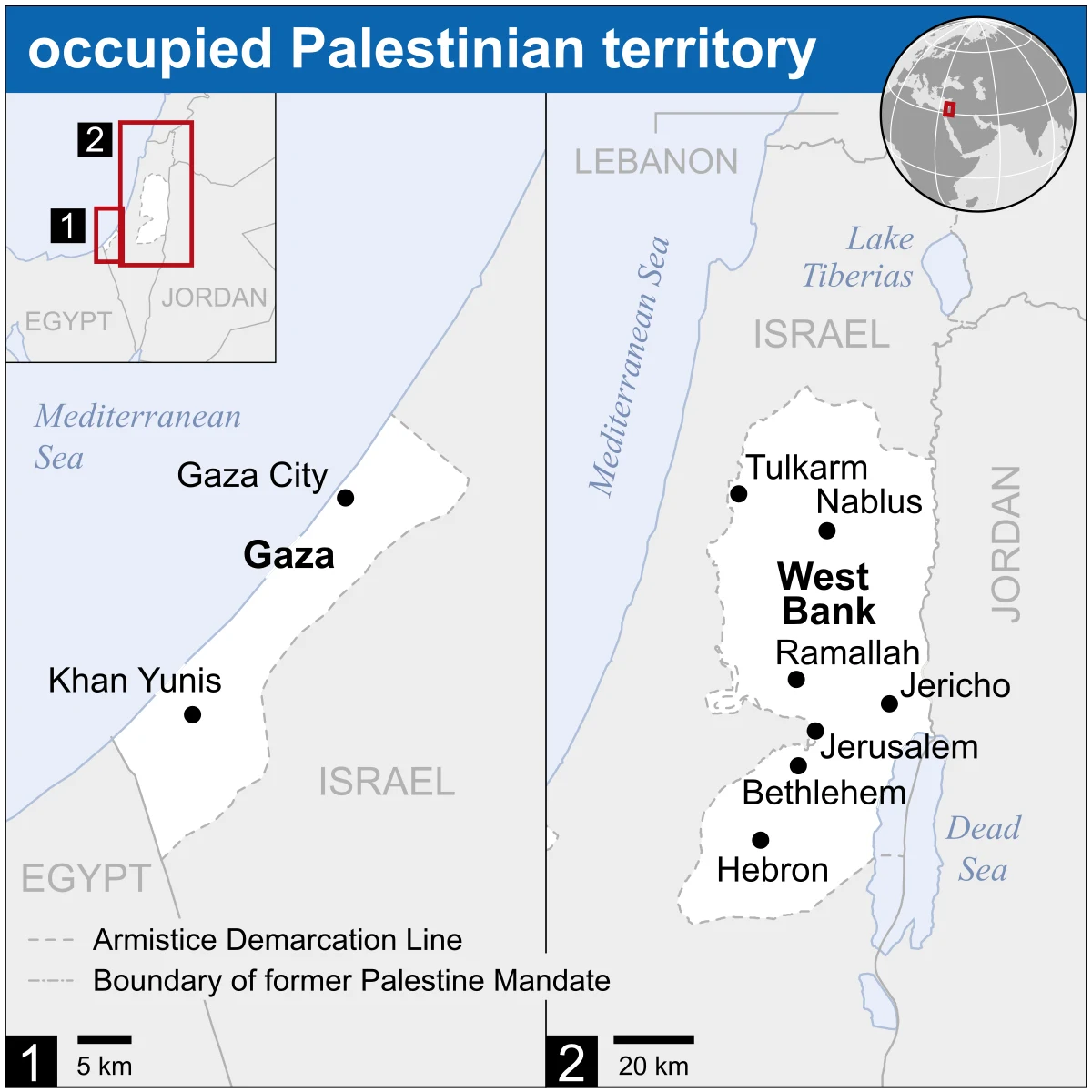 Mapa de localización de Cisjordania y la Franja de Gaza en el Mediterráneo oriental, con ciudades principales y países vecinos