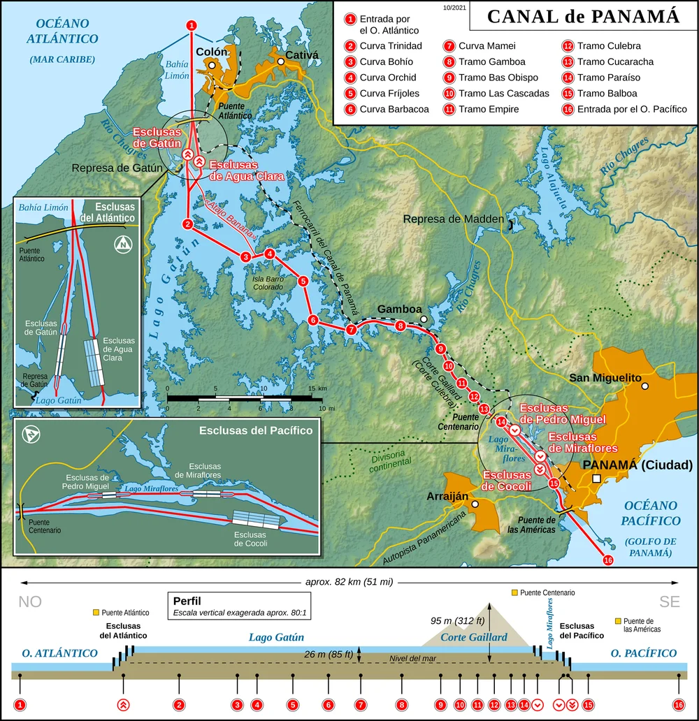 Mapa en español del Canal de Panamá con Colón, lago Gatún, Gamboa, Corte Culebra, esclusas de Gatún, Agua Clara, Pedro Miguel, Miraflores, Cocolí y Ciudad de Panamá