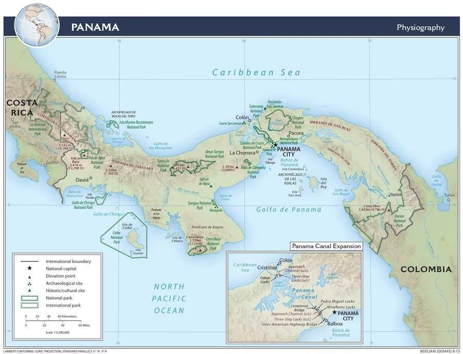 Mapa físico de Panamá con relieve, cordilleras, volcanes, parques, ríos, golfo de Panamá, Bocas del Toro, Darién y Canal de Panamá