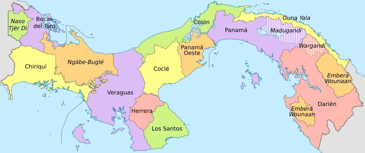 Mapa político de Panamá en español con Bocas del Toro, Chiriquí, Ngäbe-Buglé, Veraguas, Coclé, Panamá Oeste, Panamá, Colón, Guna Yala, Madugandí, Wargandí, Darién, Emberá Wounaan y Naso Tjër Di