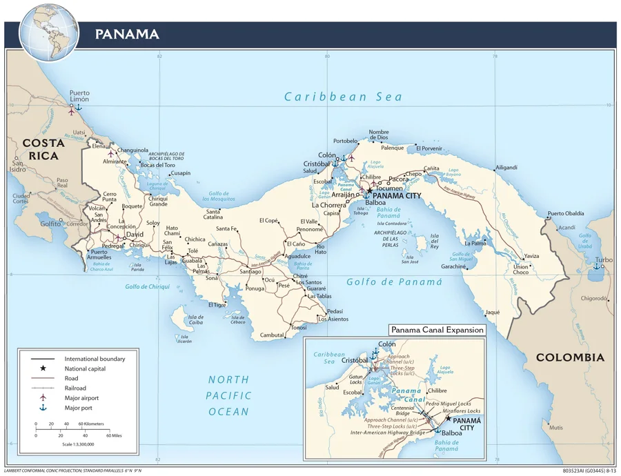 Mapa de transporte de Panamá con carreteras, ferrocarril, ciudades, puertos, aeropuertos, frontera con Costa Rica, frontera con Colombia y recuadro del Canal de Panamá