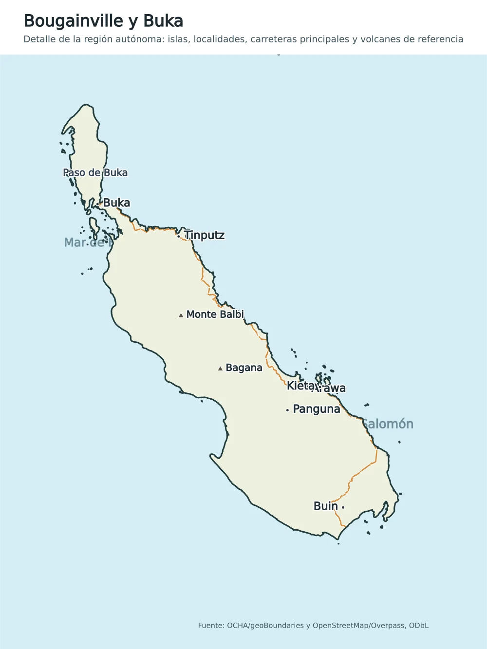 Mapa de Bougainville y Buka con Buka, Arawa, Kieta, Panguna, Buin, Tinputz, Monte Balbi, Bagana y Paso de Buka