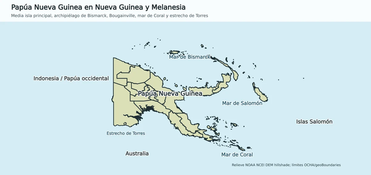 Mapa de contexto de Papúa Nueva Guinea en la isla de Nueva Guinea, junto a Indonesia, Australia, Islas Salomón, Mar de Bismarck, Mar de Salomón, Mar de Coral y estrecho de Torres