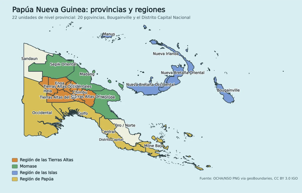 Mapa de Papúa Nueva Guinea con provincias, Bougainville, Distrito Capital Nacional y regiones de Papúa, Momase, Tierras Altas e Islas
