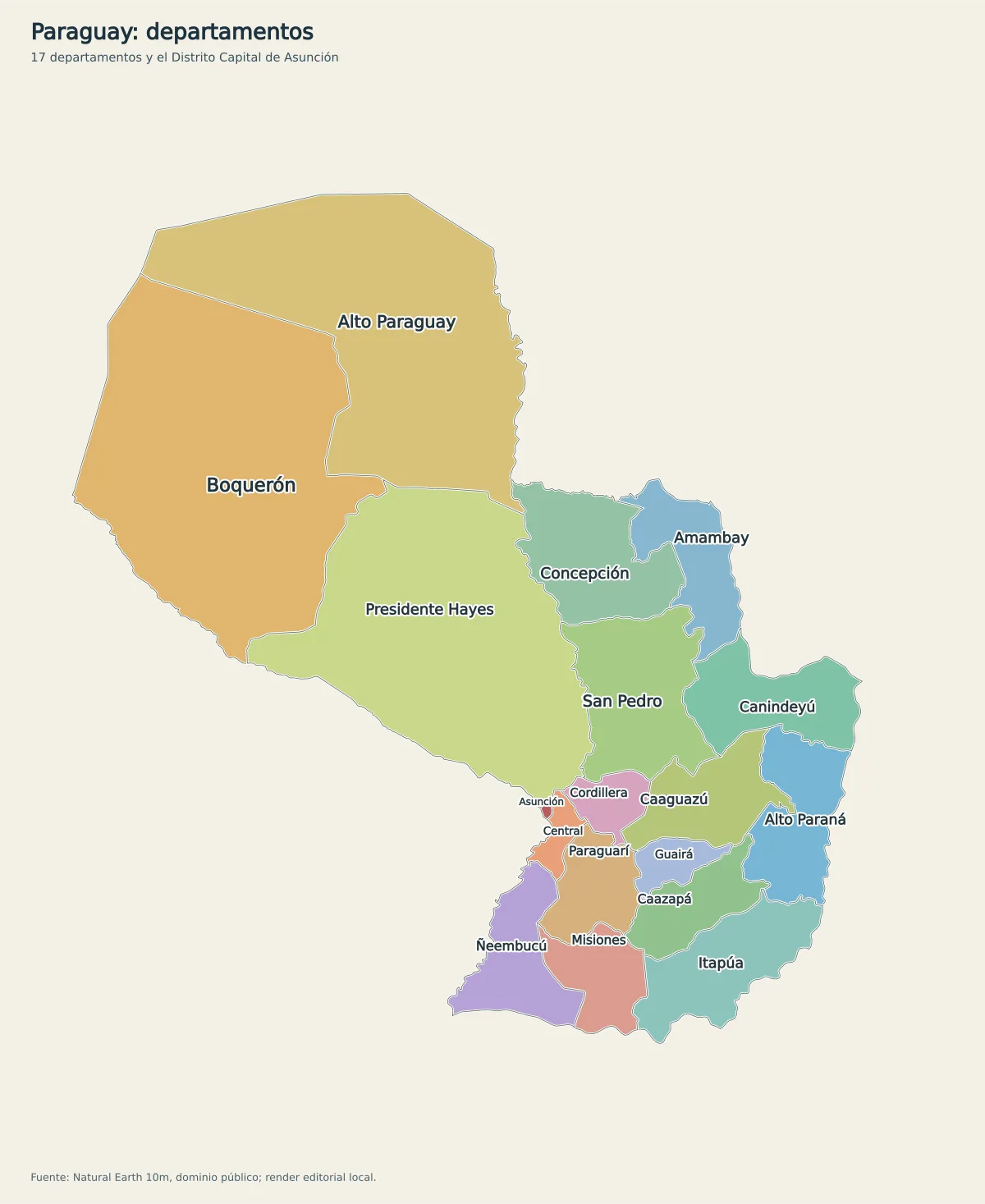 Mapa de Paraguay con sus 17 departamentos y el Distrito Capital de Asunción rotulados en español