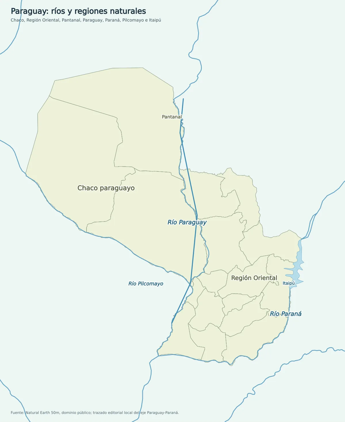 Mapa de Paraguay con el río Paraguay, río Paraná, río Pilcomayo, Chaco paraguayo, Región Oriental, Pantanal e Itaipú