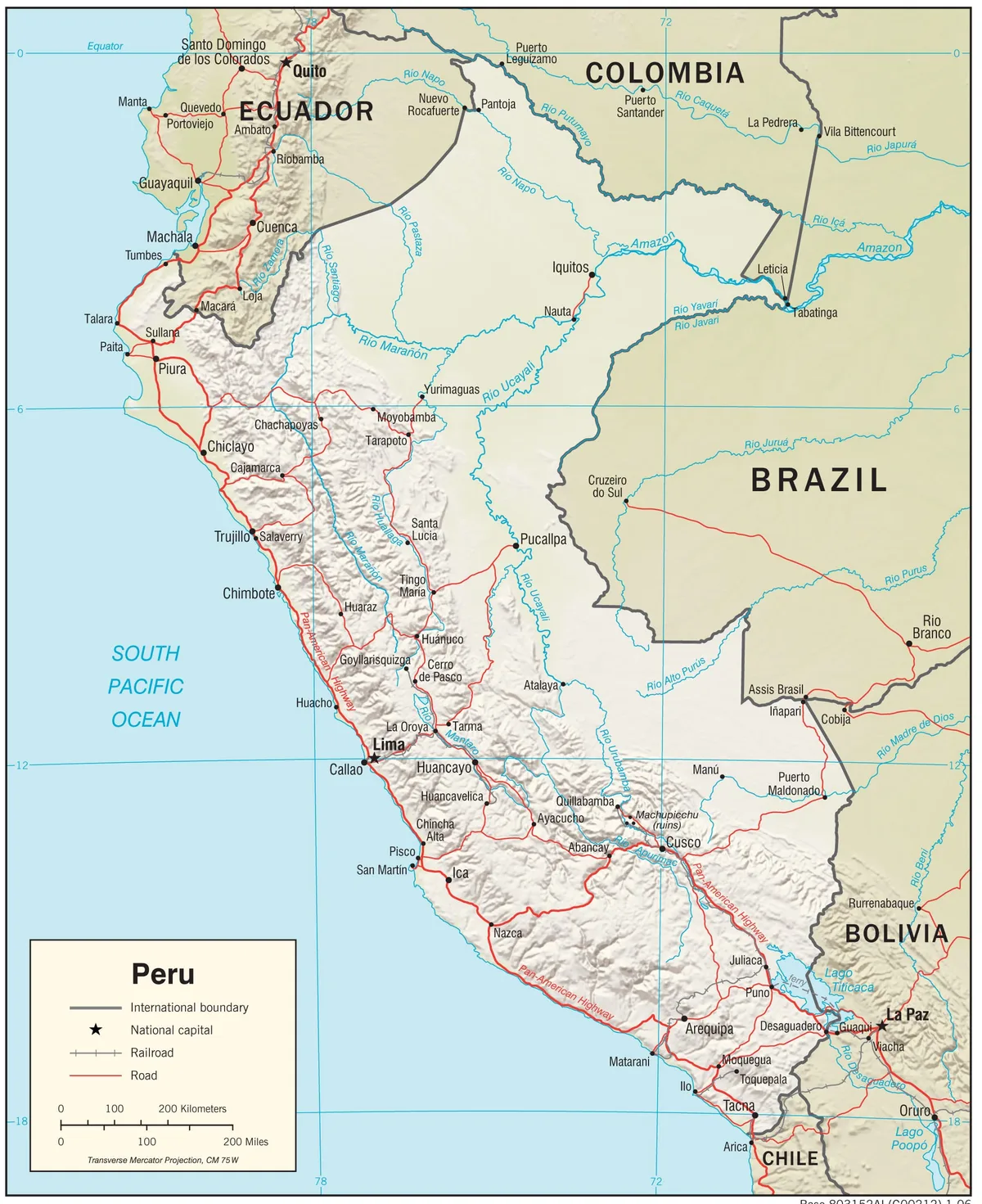 Mapa físico del Perú con Andes, costa del Pacífico, Amazonía, lago Titicaca, ríos Marañón, Ucayali y Madre de Dios, Lima y Cusco