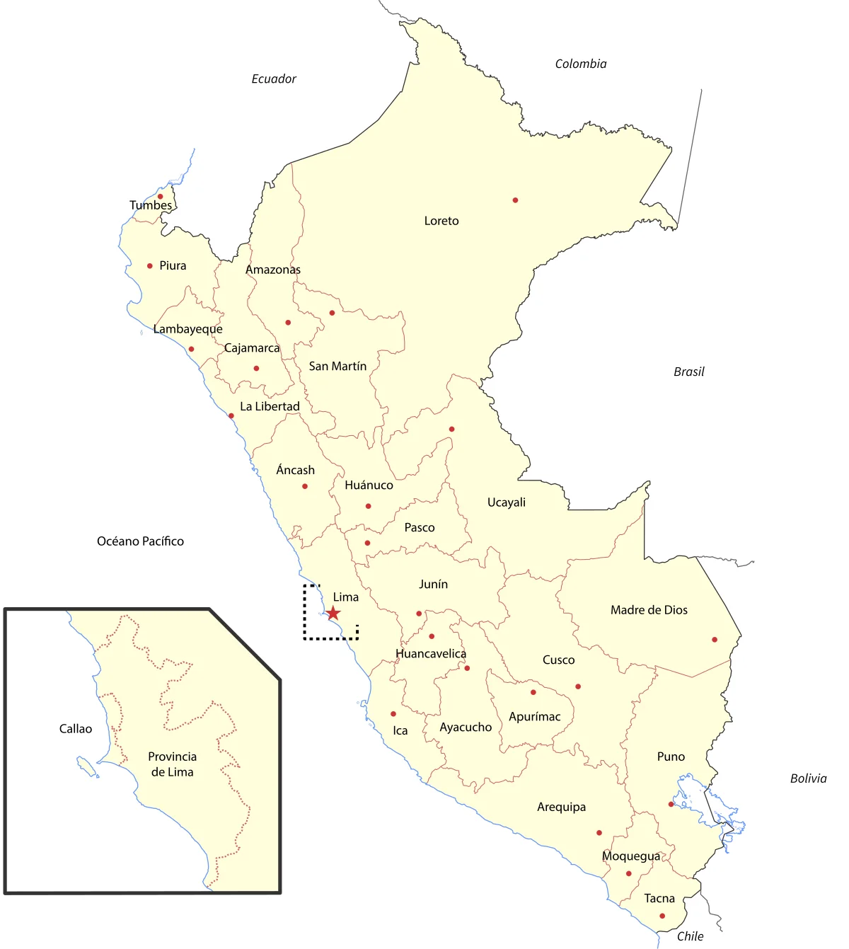 Mapa político del Perú con departamentos, Lima, Callao, países vecinos y océano Pacífico