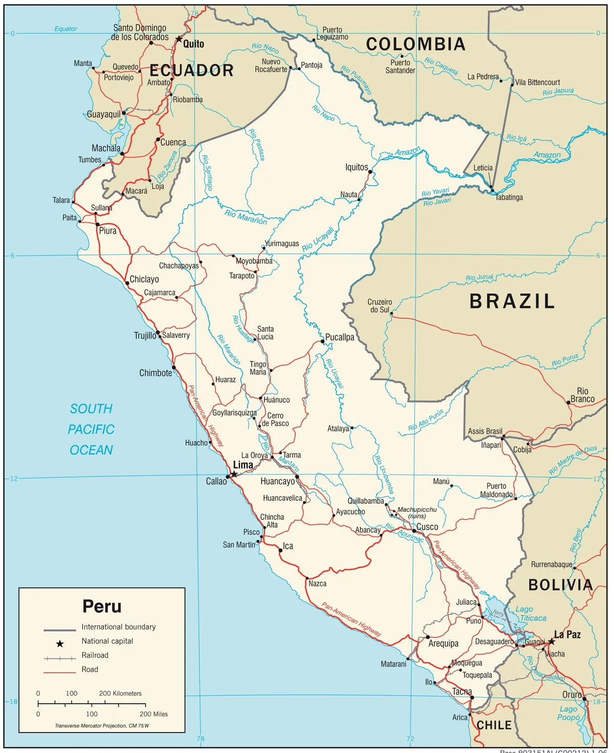 Mapa de transporte del Perú con carreteras, ferrocarril, aeropuertos, puertos, Lima, Callao, Arequipa, Cusco, Puno, Iquitos y Piura