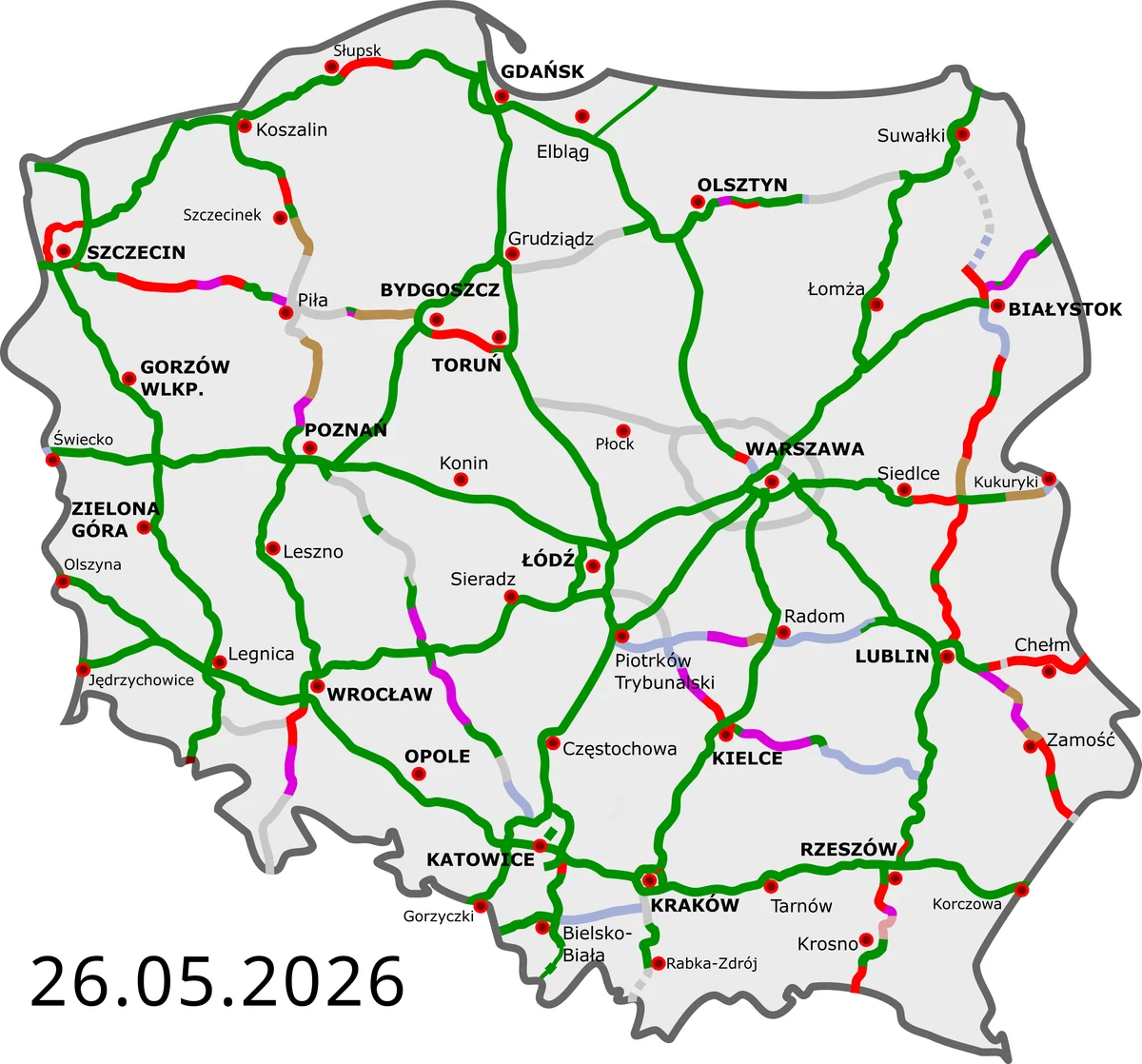 Mapa de autopistas y autovías de Polonia con tramos abiertos, en construcción y planificados, actualizado en mayo de 2026