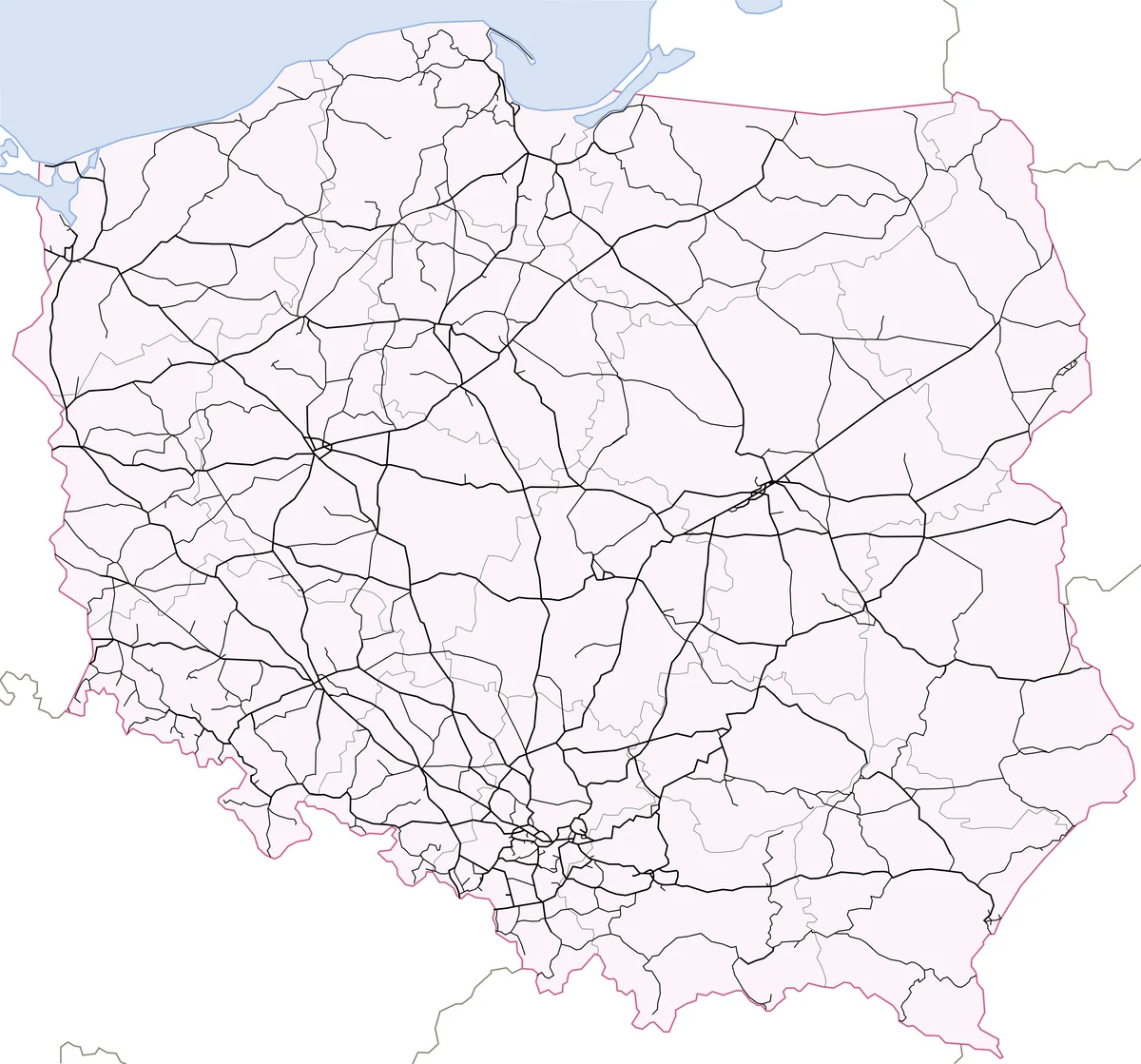 Mapa de la red ferroviaria de Polonia con líneas principales, secundarias y concentración de trazados en Silesia