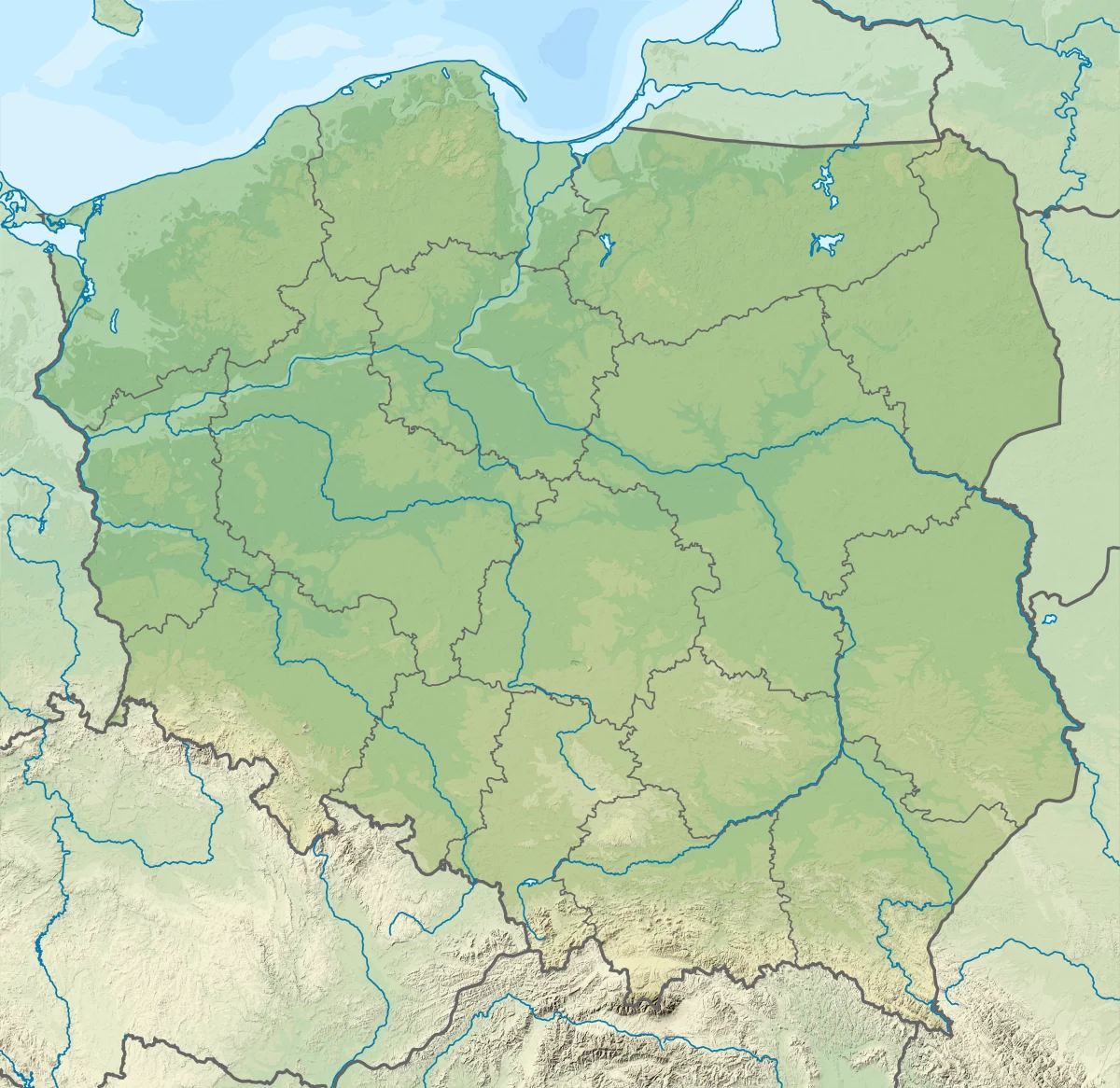 Mapa físico de Polonia con relieve, fronteras, ríos, costa báltica, tierras bajas, Sudetes y Cárpatos