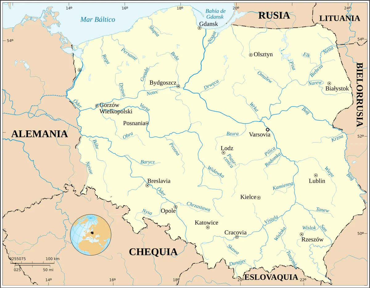 Mapa en español de los principales ríos de Polonia, con Vístula, Óder, Warta, Bug, San y Narew