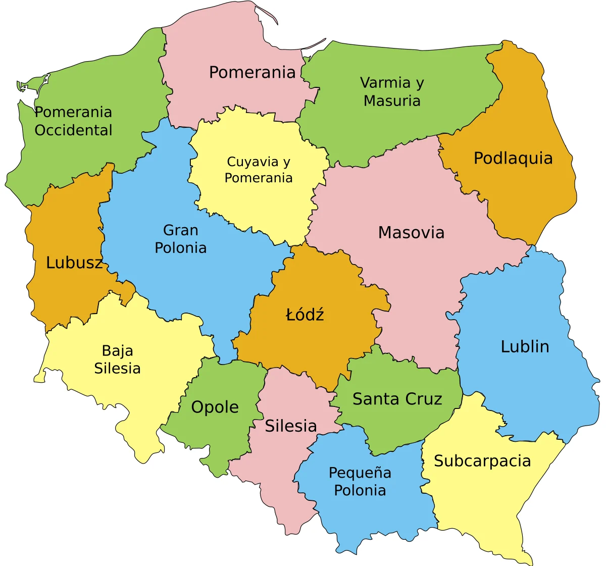 Mapa de Polonia en español con sus 16 voivodatos, como Masovia, Gran Polonia, Silesia, Lublin y Pomerania