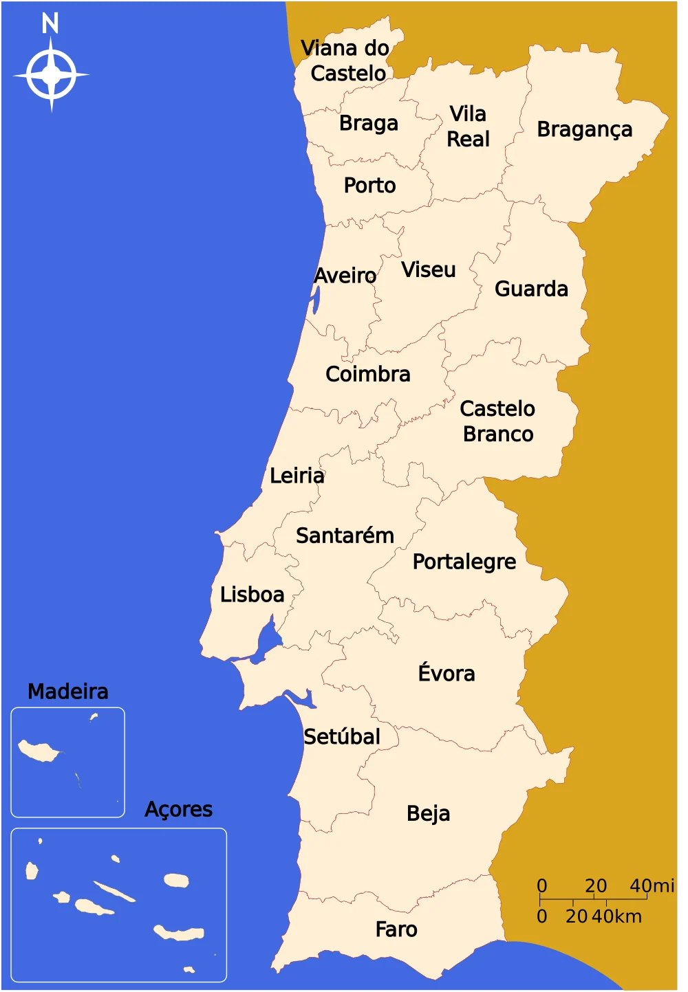 Mapa de Portugal con distritos, nombres en portugués e insets de Madeira y Azores
