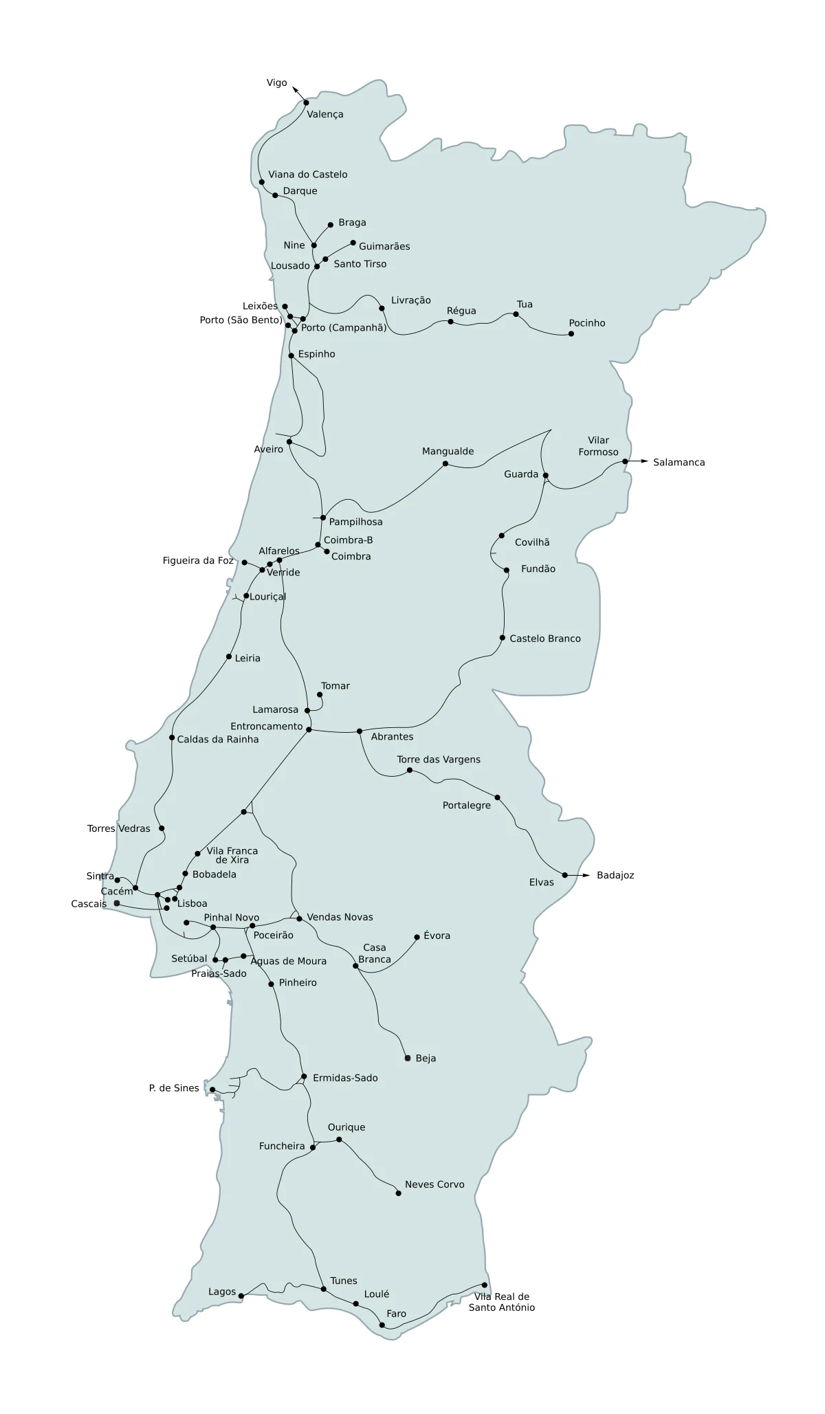 Mapa ferroviario de Portugal con líneas y estaciones principales