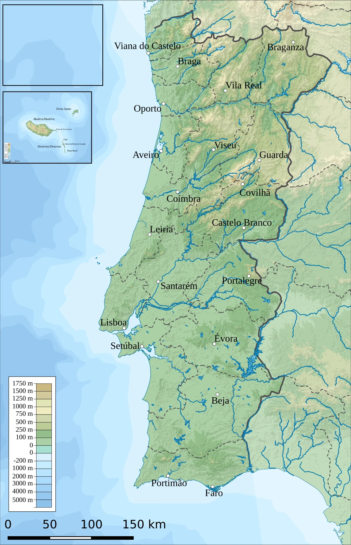 Mapa físico de Portugal en español con relieve, ríos, ciudades, frontera con España y Madeira