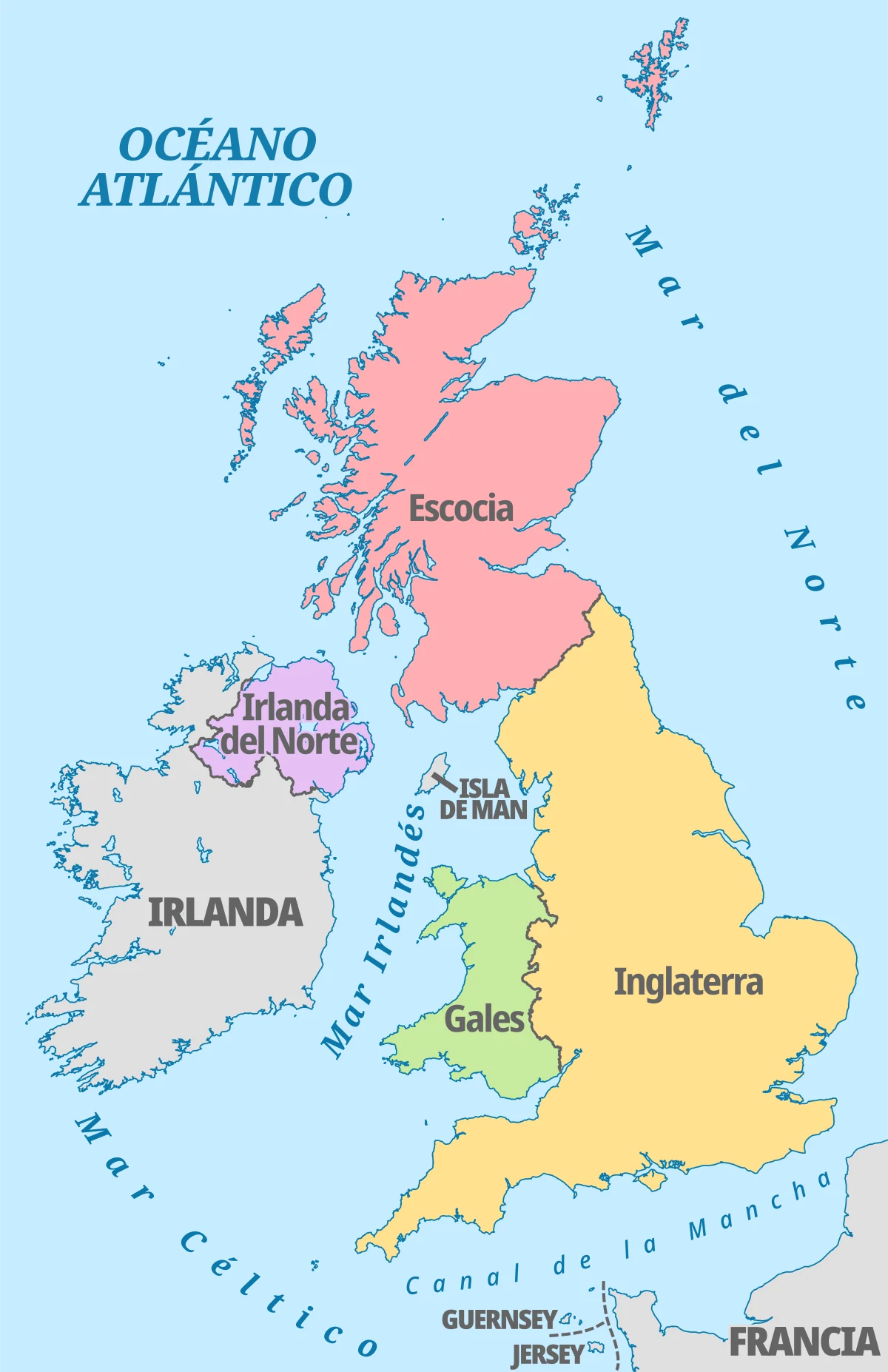 Mapa político del Reino Unido en español con Inglaterra, Escocia, Gales e Irlanda del Norte