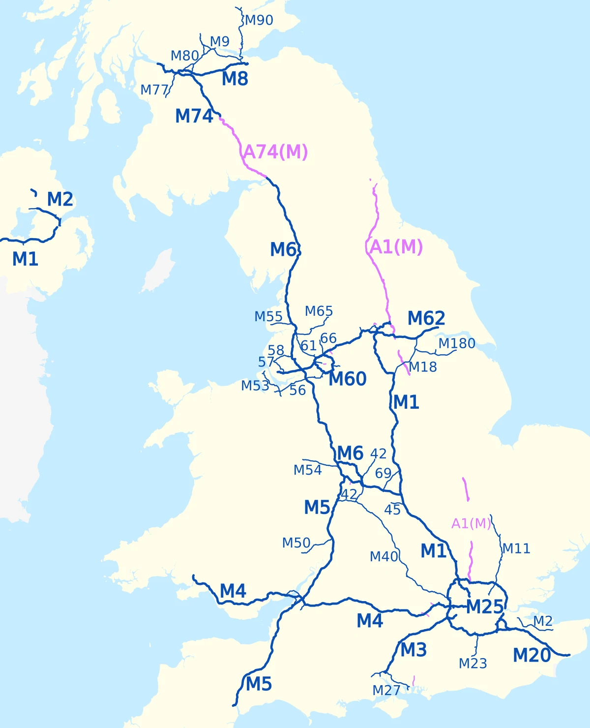 Mapa de autopistas del Reino Unido con la red principal de Inglaterra, Escocia, Gales e Irlanda del Norte