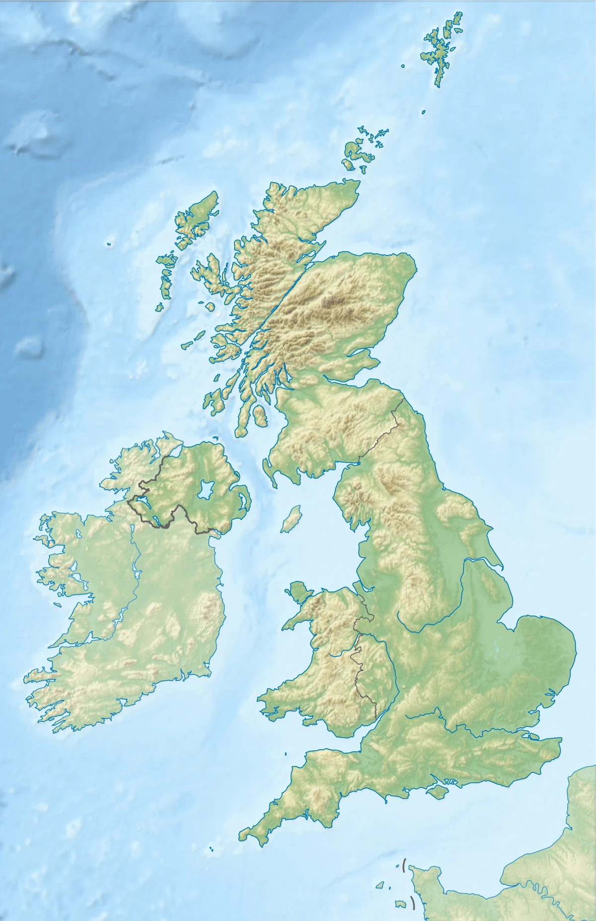 Mapa físico del Reino Unido con relieve, costas, ríos y tierras altas de Escocia, Gales e Inglaterra